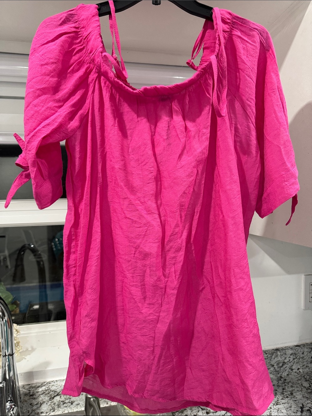 Love Blouse Women Medium Pink Good Off Shoulder Tie Sleeve Textured Woven Top